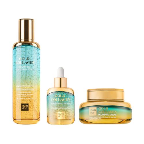 FARMSTAY Gold Collagen Nourishing tápláló és ránctalanító szett arannyal és kollagénnel (tonik, szérum, krém)