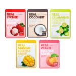 FARMSTAY Real bőrápoló esszenciális 5 darabos maszk csomag gyümölcs kivonatokkal (mangó, licsi, kókusz, barack, kalamondin)