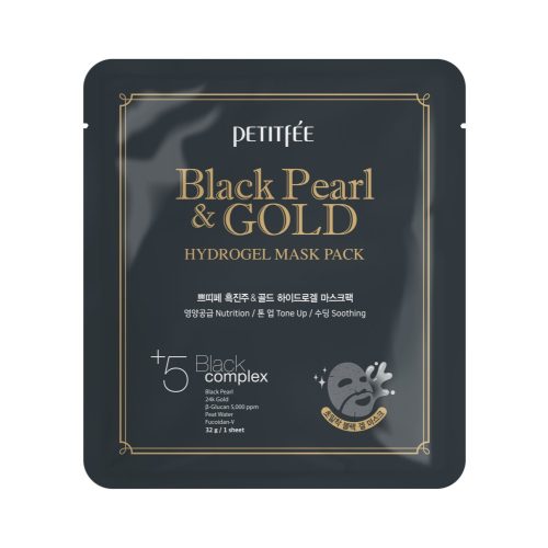 PETITFÉE Black Pearl & Gold tápláló és bőrvilágosító hidrogél maszk fekete gyöngy és arany kivonattal (5 darab)