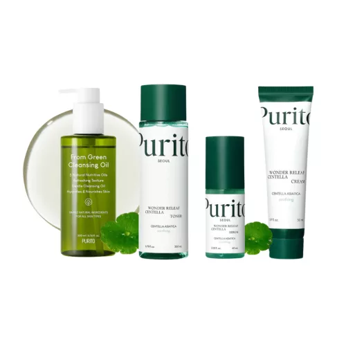 PURITO Wonder Releaf nyugtató és bőrgyógyító szett Centella Asiatica kivonattal (arctisztító olaj + tonik + szérum + krém)