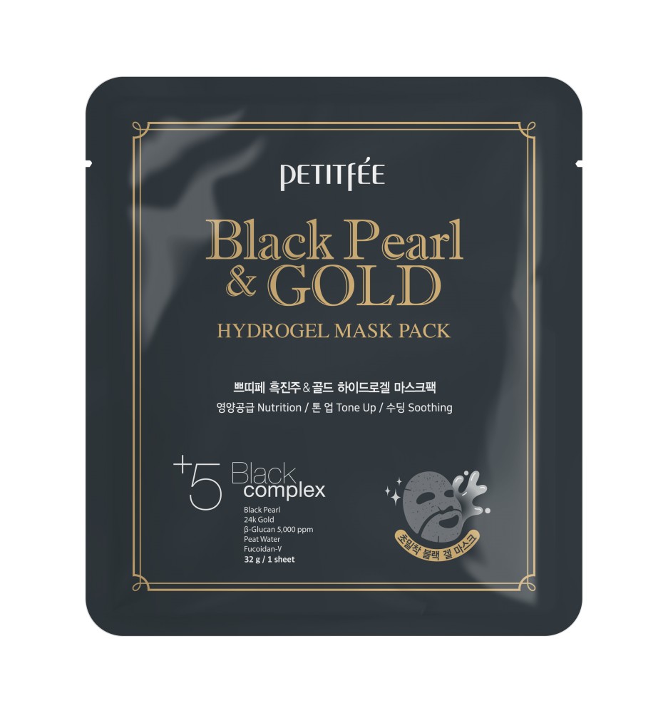 PETITFÉE Black Pearl & Gold tápláló és brvilágosító hidrogél maszk fekete gyöngy és arany kivonattal (5 darab)