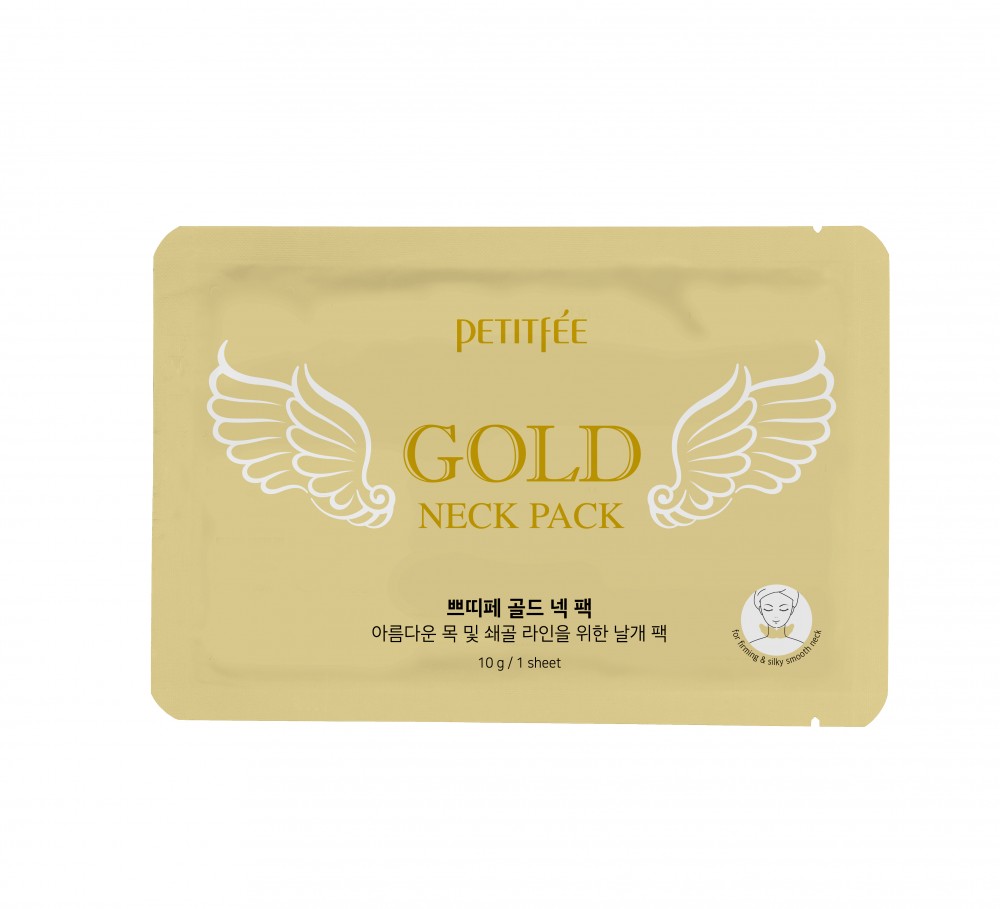 PETITFÉE Gold nyak bőrét feszesítő és hidratáló hidrogél maszk arannyal, kollagénnel és hialuronsavval (5 darab)